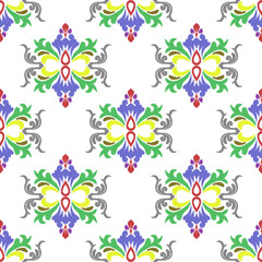Colorful damask seamless pattern with decorative ornament. Ikat pattern vector illustration. Geometric hand-drawn vector texture. Design for textiles, tiles, and wallpapers.