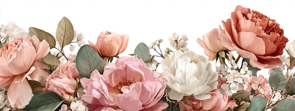 A floral arrangement features lush peonies, roses, and greenery in soft pink, peach, and white hues against a white backdrop