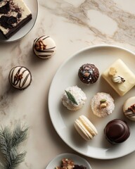 An arrangement of various desserts on a marble surface, including macarons, brownies, and small cakes.