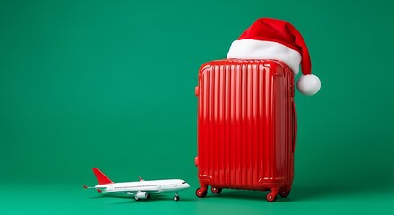 A red suitcase with a santa hat and a toy airplane on a green background, symbolizing christmas travel and holiday vacation plans