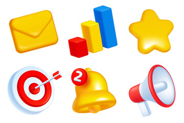 3D cartoon business and marketing icon set, includes mail, chart, star, target, bell, megaphone, isolated on transparent background, png