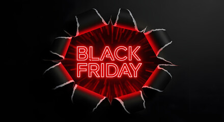 Black friday promotion with a red neon sign bursting through torn black paper, creating a dramatic effect