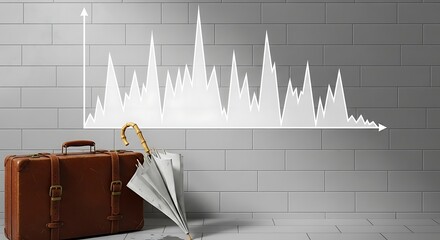 A vintage suitcase and umbrella stand before a financial graph, symbolizing the risks and uncertainties of travel insurance and investment