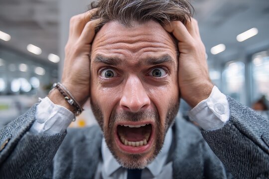 Businessman shows intense fear and anxiety while working in busy office environment during the day - Powered by Adobe