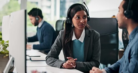 Computer, conversation and support with business people in call center for system integration or orientation. Training, contact us and discussion with headset for customer service office and advice - Powered by Adobe