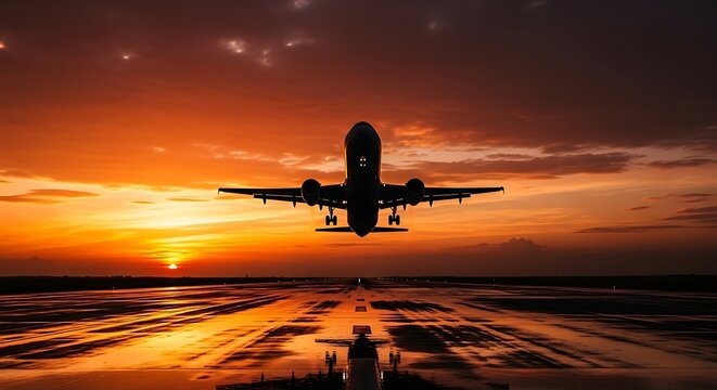 Silhouette of an airplane taking off against a vibrant sunset sky, symbolizing travel, freedom, and the beginning of a new adventure