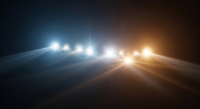 Opposing bright car headlights illuminating a nocturnal scene with light beams and lens flare - Powered by Adobe