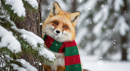 Adorable Wild Animal Portrait with Knitted Scarf in Snow.