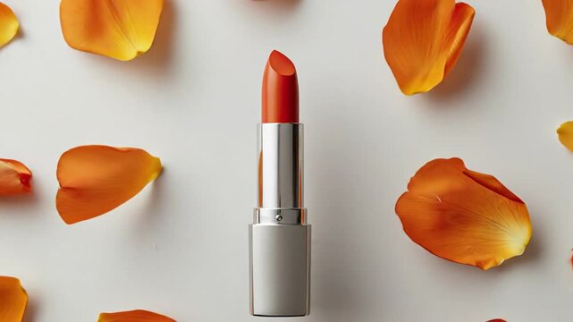 An orange-red lipstick in a silver tube is centrally placed on an off-white background surrounded by scattered orange petals