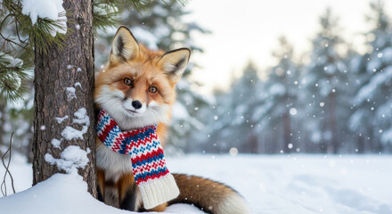 Cute Brown Fox Wearing a Scarf in Winter Forest.
