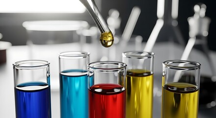Closeup of laboratory glassware with colorful liquids and a pipette dropping a golden fluid, showcasing scientific research and experimentation
