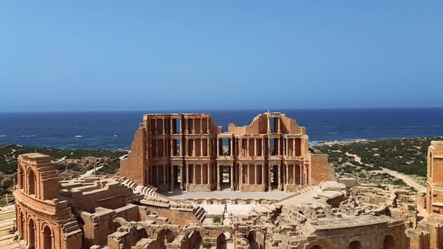 Aerial drone view of the magnificent Roman Theatre of Sabratha, highlighting the detailed columns, arches, and stage area of the ancient structure