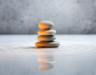 Zenlike Serene Stone Cairn in Water Relaxation, Balance, Meditation, Calmness and Harmony Concept.