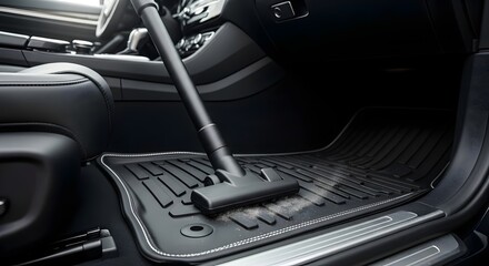 Auto detailing: vacuuming black car floor mats for interior cleaning and maintenance in modern vehicle environment