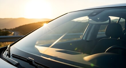 Car windshield view at sunset: golden hour road trip, automotive travel, and scenic driving adventure for transportation advertising