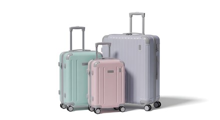Pastelcolored suitcases in mint, pink, and lavender isolated on white background, perfect for travel, vacation, and stylish luggage concepts
