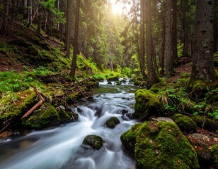 Obraz premium Lush forest scene featuring a flowing stream with sunlit canopy and moss-covered rocks
