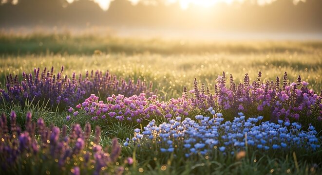 Vibrant purple and blue wildflowers bloom in a grassy field bathed in the warm, golden light of a soft sunrise or sunset - Powered by Adobe