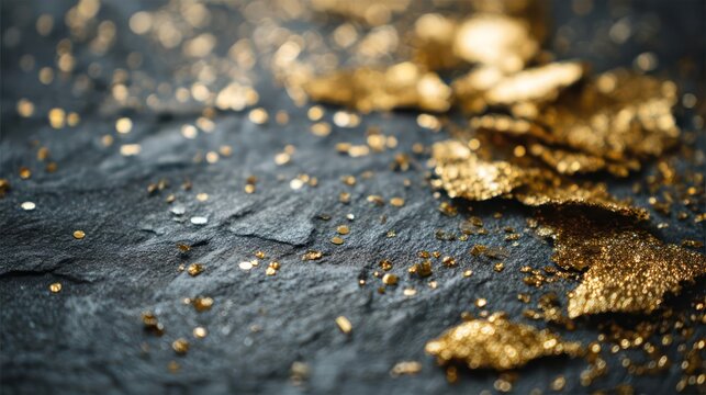 Abstract close up of shimmering gold flakes and glitter scattered across a dark textured stone surface with bokeh lights - Powered by Adobe