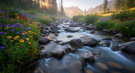 Serene Mountain Stream Flowing Through Lush Wildflower Meadow at Sunrise.