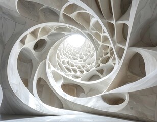 Interior with intricate, swirling, white, organic-looking structure