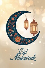 Ornate crescent moon and lanterns with eid mubarak greeting