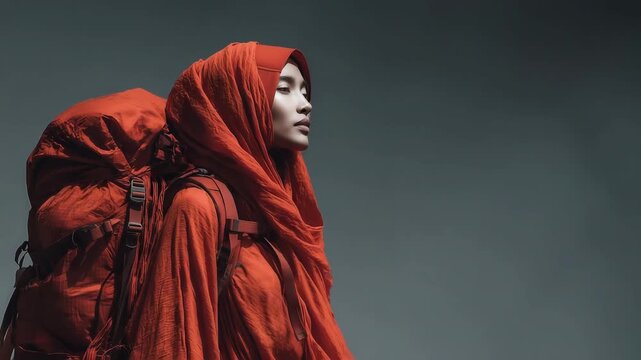 Young African woman in a striking red hijab and backpack, captured in a series of sequential frames, showcasing her determination and strength in a minimalist setting.