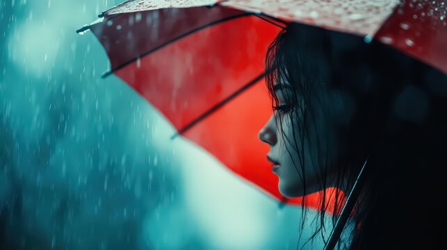 Pensive Young Woman Under a Red Umbrella in Heavy Rain, Moody, Atmospheric, Dark Hair, Profile View, Weather, Melancholy