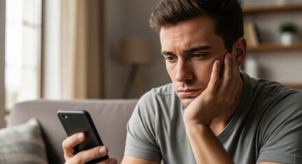 Sad caucasian man looking at smartphone with hand on cheek. Concept of digital addiction, bad news, or social media fatigue for internet safety.