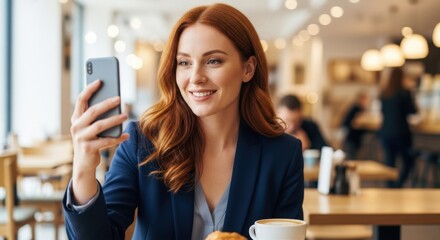 Young caucasian woman holding smartphone and taking selfie or video calling in cafe. Social media and technology concept for modern lifestyle.