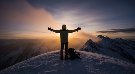 Man standing with arms outstretched on snowy mountain peak at sunrise, concept of achievement, success and freedom for travel and adventure.