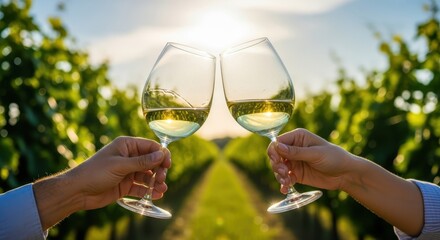 Man and woman toast with white wine in vineyard at sunset, celebrating an event or romantic moment with sun flare background.