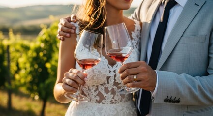 Couple toasting with rose wine in a vineyard. Romantic celebration for wedding, anniversary, or special occasion. Wine tasting concept.