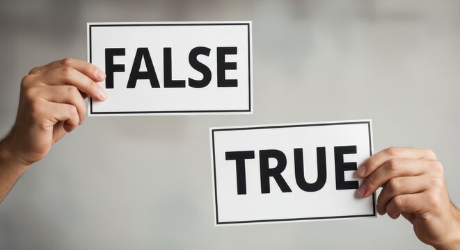 Man showing false and true cards. Concept of making choice, decision, comparison, or distinguishing fact from fiction.