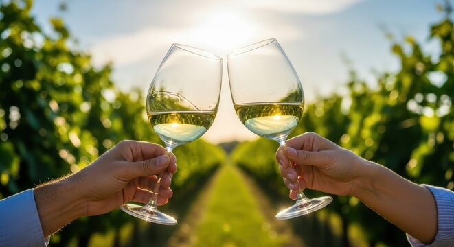 Man and woman toast with white wine in vineyard at sunset, celebrating an event or romantic moment with sun flare background.
