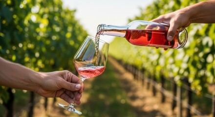 Man pouring rose wine from bottle into glass in vineyard. Refreshing drink for wine tasting, celebration, and summer relaxation in nature.