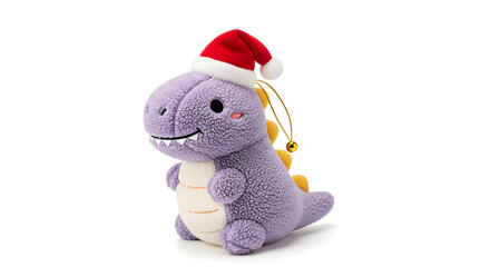Fototapeta premium Festive Purple Dinosaur Plush Toy Wearing a Santa Hat on White Background
