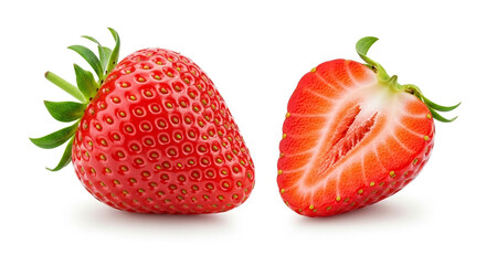 Fresh strawberries, one whole and one cut in half, showing vibrant color and texture, perfect for summer recipes or healthy eating promotions