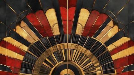 Art Deco Fan Pattern with Gold Accents: Elegant Vintage Design in Red, Black, and Gold for Backgrounds and Creative Projects