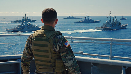 A Marine standing on the deck of a warship during an operation and training exercise.