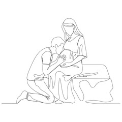 A continuous one-line illustration of a loving partner kneeling and kissing a pregnant woman's baby bump