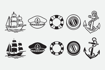 Sailing ship, Captain hat, Lifebuoy, Porthole, Anchor with rope outline icon set. Sailor, Voyage, Seafaring gear equipment silhouette symbol element pack. Adventure, outdoor, coastal, marine, journey