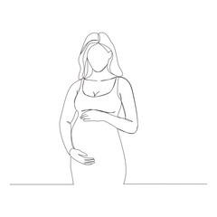 A continuous one-line illustration of a pregnant woman standing elegantly and gently holding her baby bump