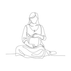 A continuous one-line illustration of a pregnant woman sitting down and gently holding her baby bump.