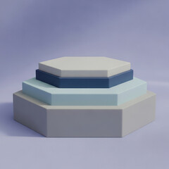 A tiered hexagonal display stand with pastel colors on a purple background