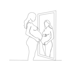 A continuous one-line illustration of a pregnant woman looking at her reflection in a mirror.