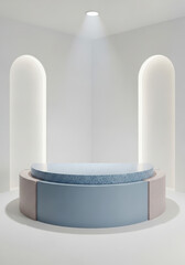 Modern display podium with spotlight and arched elements isolated on white background