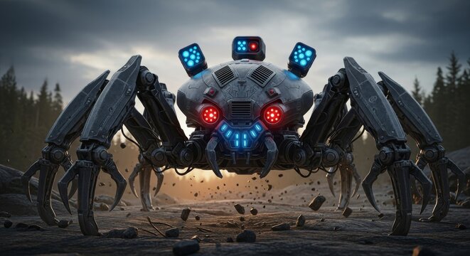 Spider-like mech robot with multiple legs and glowing sensor
