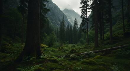 Lush forest scene trees, greenery, mountains, and mist create a scenic landscape