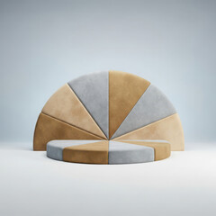 Segmented semicircular display podium with alternating tan and gray sections